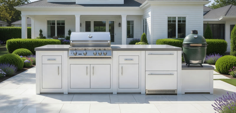 Stoll Aluminum Outdoor Kitchen White, Whistler 34-Inch 4-Burner Gas Grill, and Double Drawer Fridge and Green Egg | 13FT