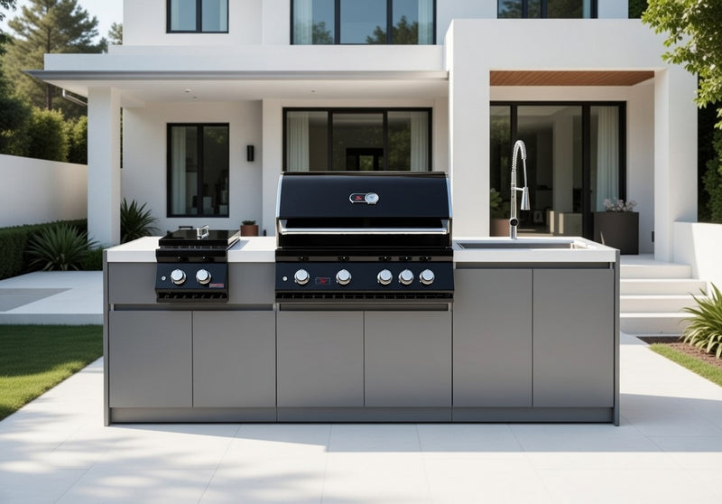 Whistler 4-Burner 96 x 28-Inch Gas Grill Island with Infrared Rear Burner, Double Side Burner, Sink, and Rotisserie Kit - Black Stainless