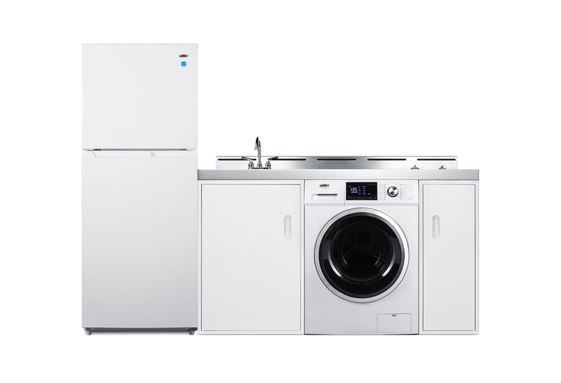 Kitchenette 83" Full-Sized Refrigerator-Freezer, Washer/Dryer, 2-Burner Coil Cooktop, Sink, and Storage Cabinet