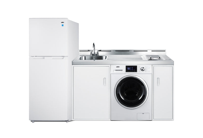 Kitchenette 83" Full-Sized Refrigerator-Freezer, Washer/Dryer, 2-Burner Coil Cooktop, Sink, and Storage Cabinet