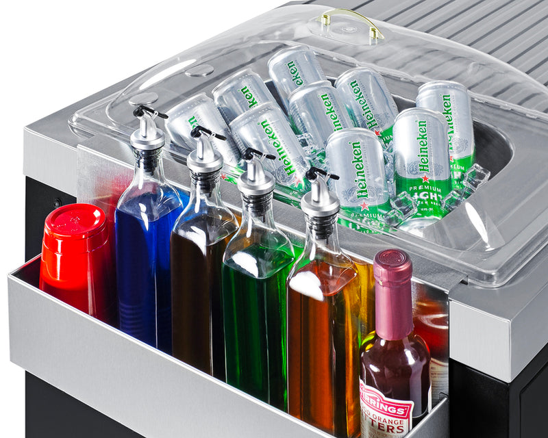 Outdoor Kitchenette 58" Refrigerator, Sink or Covered ice Bin, Slide-Out Trash Can