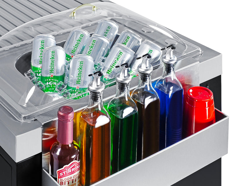 Outdoor Kitchenette 58" Refrigerator, Sink or Covered ice Bin, Slide-Out Trash Can