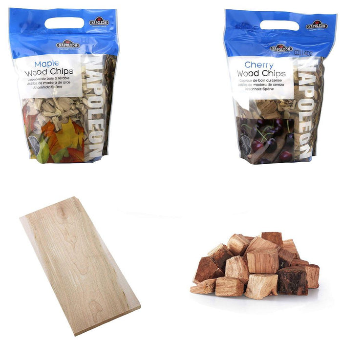 Napoleon BBQ Wood and Smoke Flavor Enhancement Bundle for Gas Grills, Maple, Cherry and Hickory Wood Chips with Maple Wood Plank