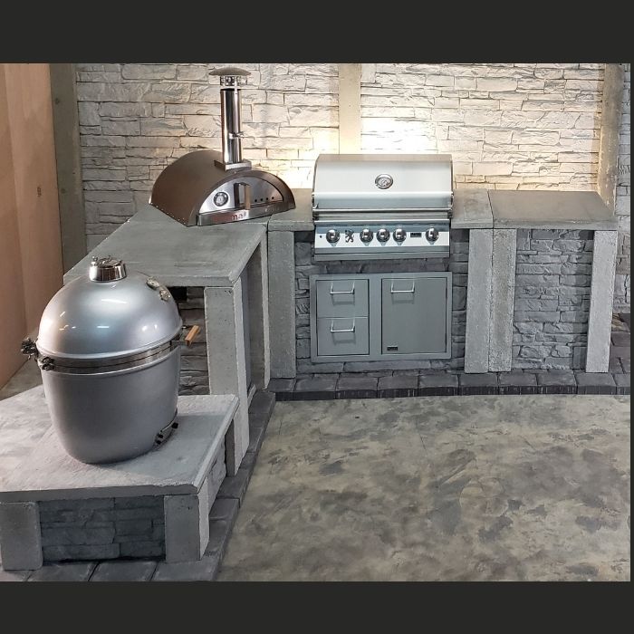 Stone Kitchen L- Shape + Pizza Oven + Kamado