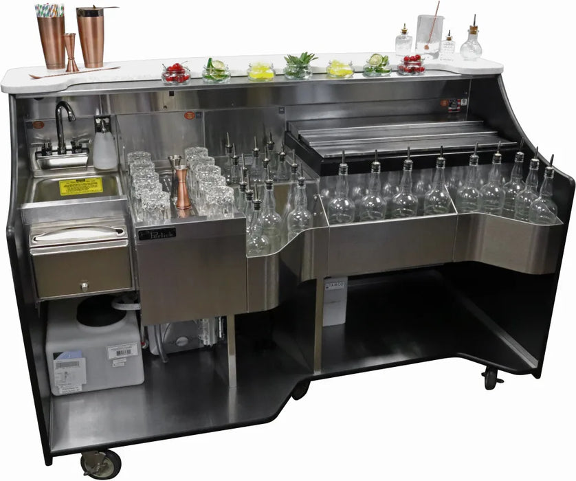 Perlick RMB002 70 Inch Tobin Ellis Limited Edition Mobile Bar with Sink, White Quartz Bar Top, Ice Melt Drainage, LED Lighting, One Drainboard, and Locking Casters