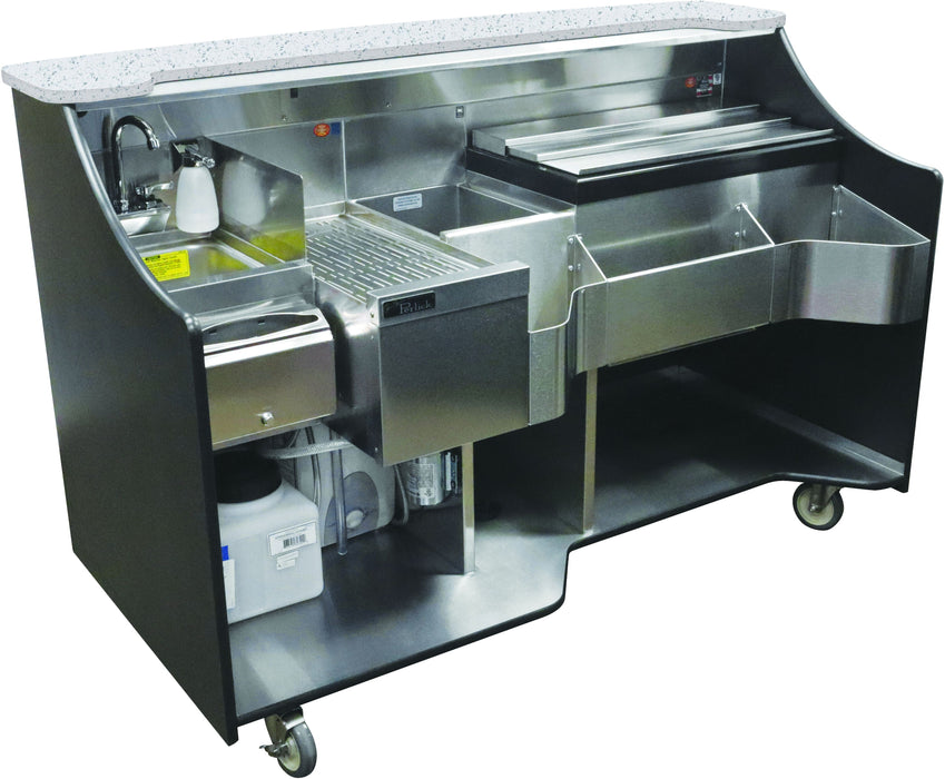 Perlick RMB002 70 Inch Tobin Ellis Limited Edition Mobile Bar with Sink, White Quartz Bar Top, Ice Melt Drainage, LED Lighting, One Drainboard, and Locking Casters
