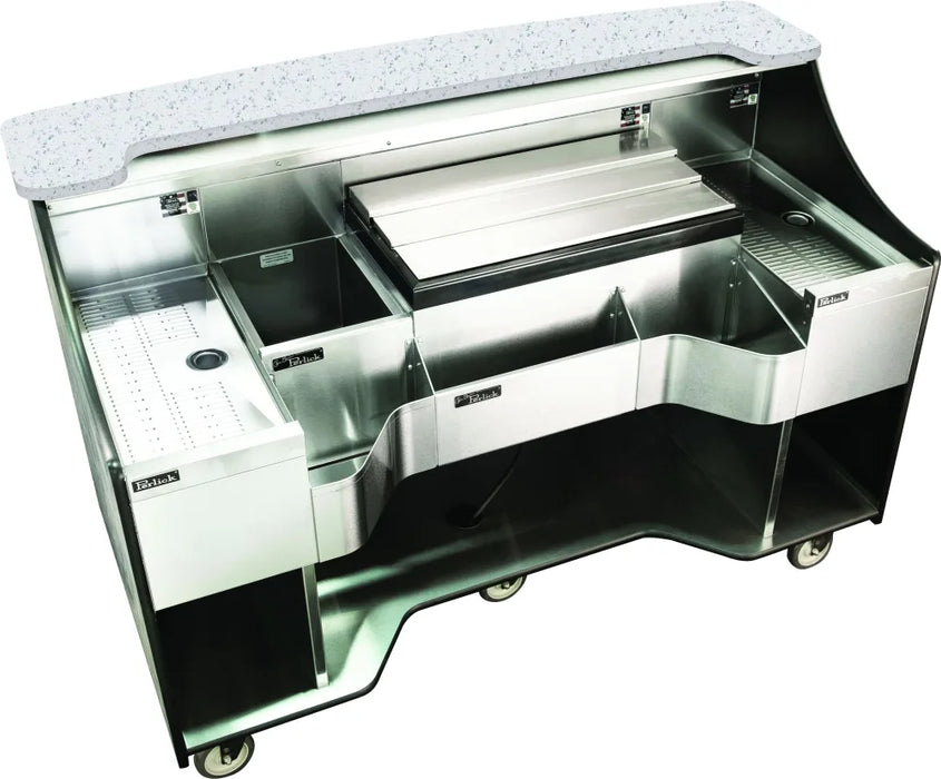 Perlick Signature Series RMB003 70 Inch Tobin Ellis Mobile Bar with 2 Drainboards, White Quartz Bar Top, Ice Melt Drainage, LED Lighting, and Locking Casters
