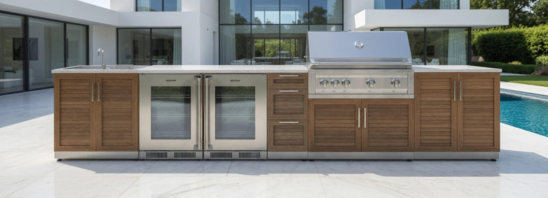 Outdoor Kitchen Stainless Steel 7 Piece Cabinet Set with Sink, Triple Drawer, Grill Cabinet, BBQ Grill, and Double Fridge - 14'