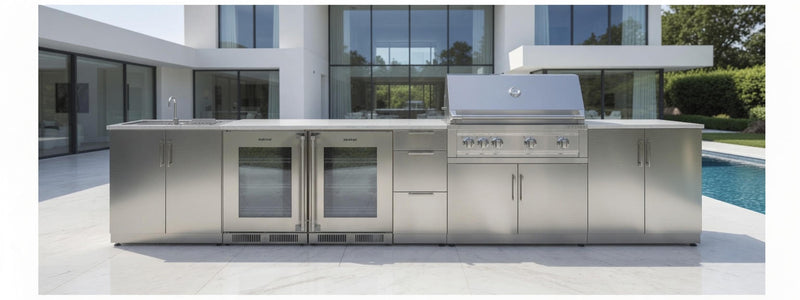 Outdoor Kitchen Stainless Steel 7 Piece Cabinet Set with Sink, Triple Drawer, Grill Cabinet, BBQ Grill, and Double Fridge - 14'