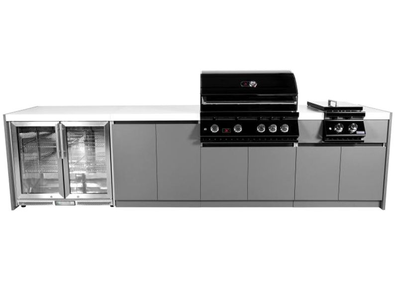 Whistler 4-Burner 133 x 28-Inch Gas Grill Island with Infrared Rear Burner, Refrigerator, Double Side Burner, and Rotisserie Kit - Black Stainless