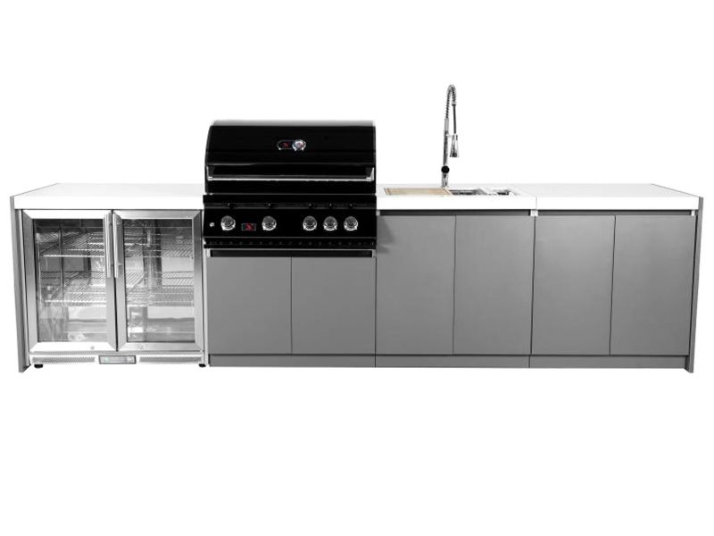 Whistler 4-Burner 133 x 28-Inch Gas Grill Island with Infrared Rear Burner, Refrigerator, Sink, and Rotisserie Kit - Black Stainless