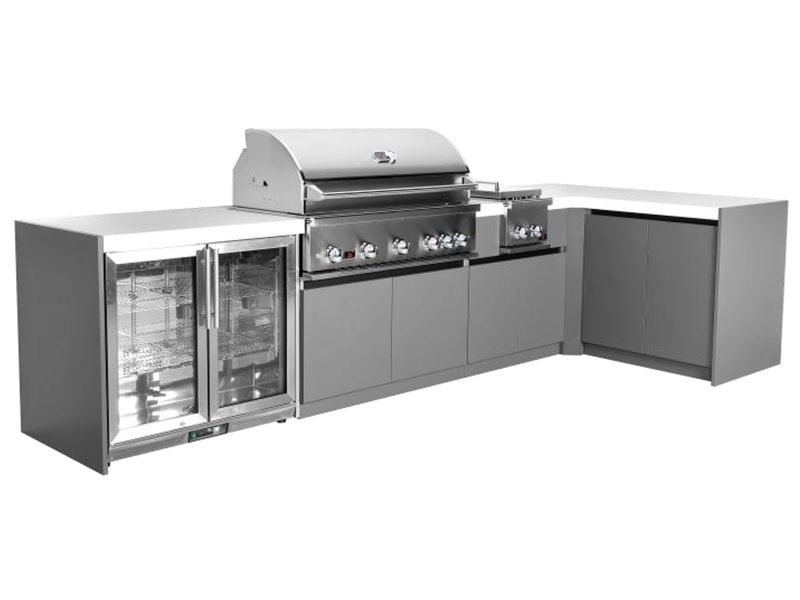 Whistler 5-Burner 140 x 61-Inch Gas Grill Island with 90-Degree Corner, Infrared Rear Burner, Refrigerator, Double Side Burner, and Rotisserie Kit