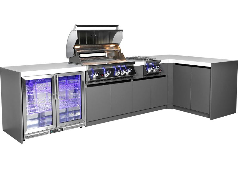 Whistler 4-Burner 132 x 61-Inch Gas Grill Island with 90-Degree Corner, Infrared Rear Burner, Refrigerator, Double Side Burner, and Rotisserie Kit