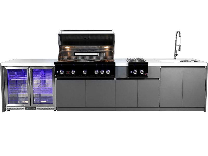 Whistler 5-Burner 141 x 28-Inch Gas Grill Island with Infrared Rear Burner, Refrigerator, Sink, Double Side Burner, and Rotisserie Kit - Black Stainless