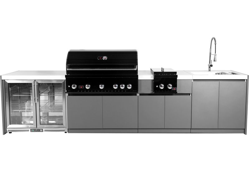 Whistler 5-Burner 141 x 28-Inch Gas Grill Island with Infrared Rear Burner, Refrigerator, Sink, Double Side Burner, and Rotisserie Kit - Black Stainless