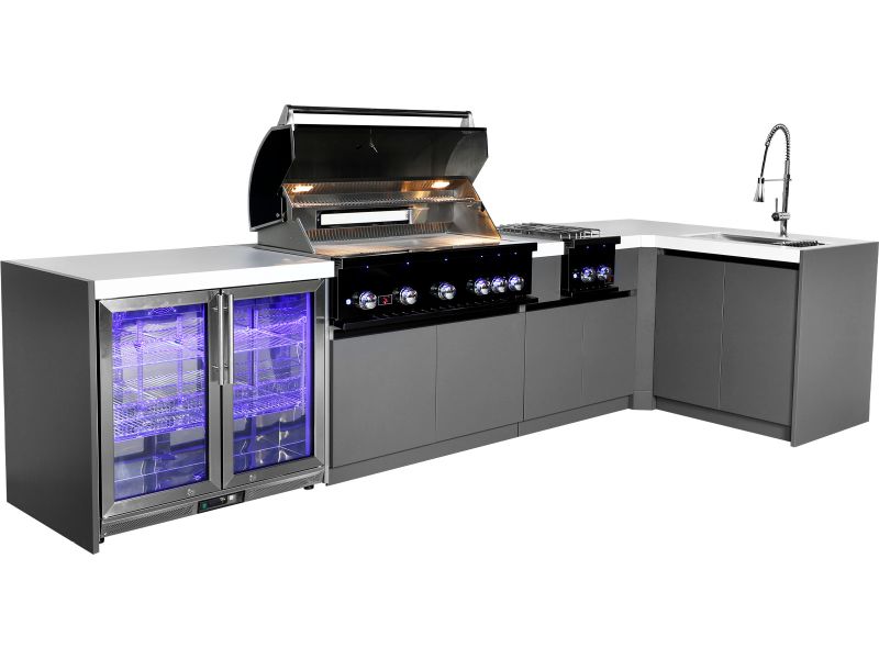 Whistler 5-Burner 140 x 61-Inch Gas Grill Island with 90-Degree Corner, Infrared Rear Burner, Refrigerator, Sink, Double Side Burner, and Rotisserie Kit - Black Stainless