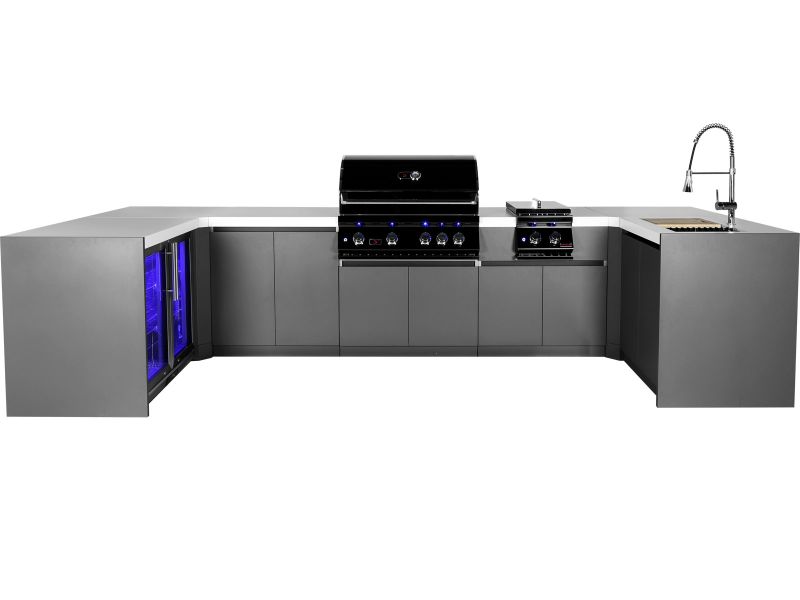 Whistler 4-Burner 155 x 67-Inch Gas Grill Island with Two 90-Degree Corners, Infrared Rear Burner, Refrigerator, Sink, Double Side Burner, and Rotisserie Kit - Black Stainless