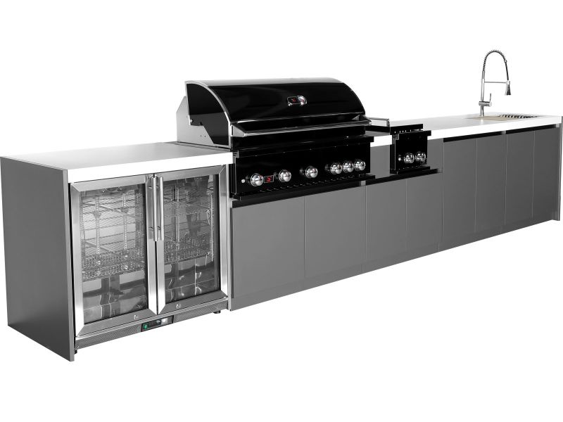 Whistler 5-Burner 172 x 28-Inch Gas Grill Island with Infrared Rear Burner, Refrigerator, Sink, Double Side Burner, and Rotisserie Kit - Black Stainless