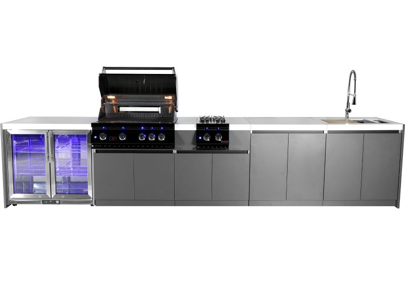 Whistler 4-Burner 164 x 28-Inch Gas Grill Island with Infrared Rear Burner, Refrigerator, Sink, Double Side Burner, and Rotisserie Kit - Black Stainless