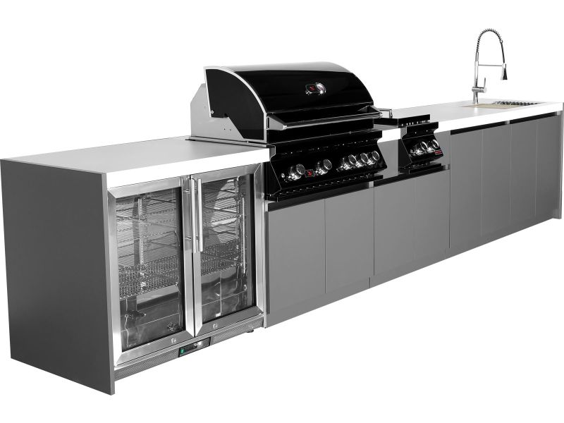 Whistler 4-Burner 164 x 28-Inch Gas Grill Island with Infrared Rear Burner, Refrigerator, Sink, Double Side Burner, and Rotisserie Kit - Black Stainless