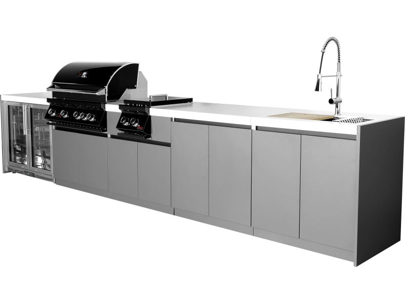 Whistler 4-Burner 164 x 28-Inch Gas Grill Island with Infrared Rear Burner, Refrigerator, Sink, Double Side Burner, and Rotisserie Kit - Black Stainless