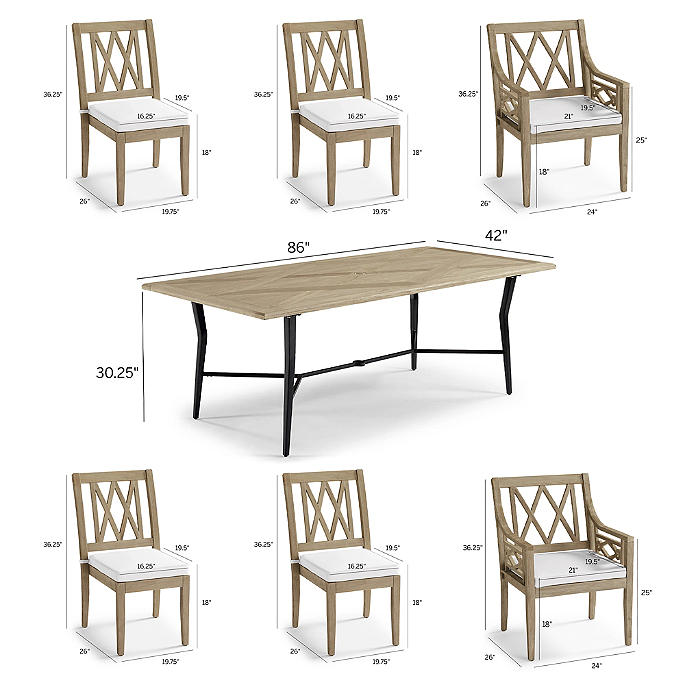 Surrey Hill 7-pc. Dining Set in Weathered Teak + Cushions