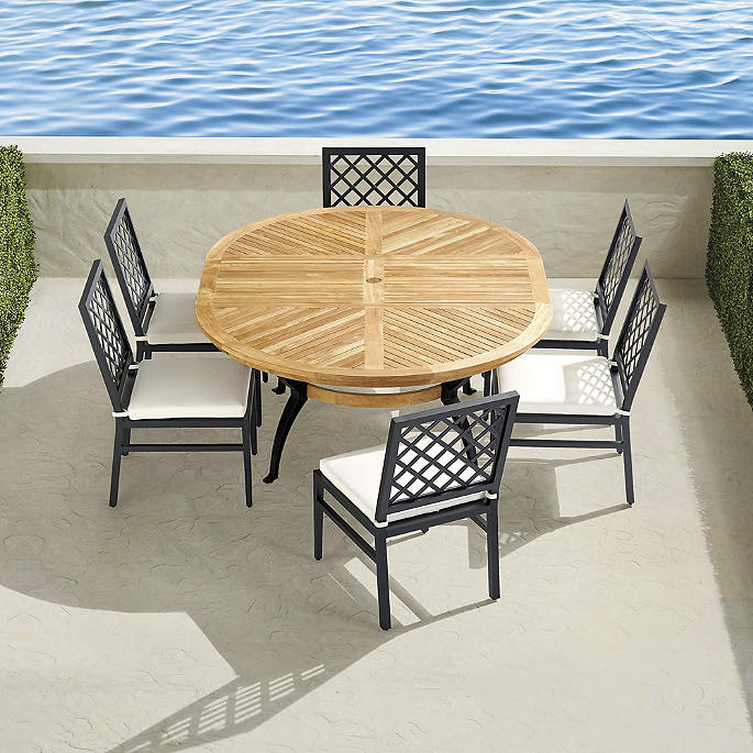 Bowery 7-pc. Expandable Round Dining Set in Aluminum + Cushions