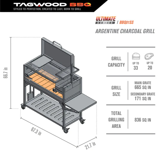 Tagwood BBQ Argentine Santa Maria Wood Fire & Charcoal Grill with Top Lid