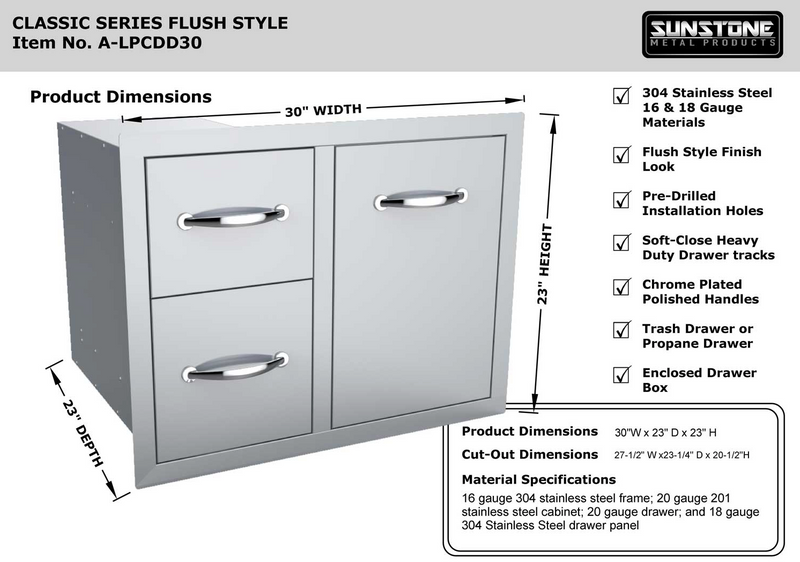 30" Tank Tray Double Drawer Combo BBQ GRILL SunStone Barbecue Grills   