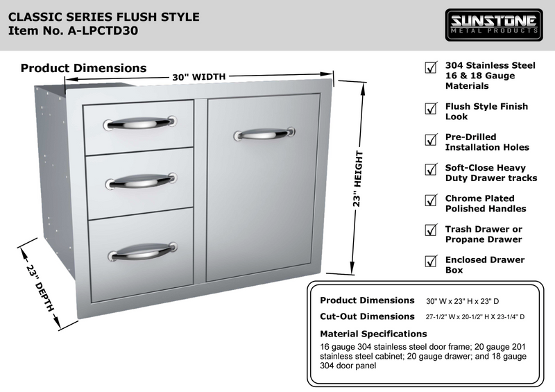30" Tank Tray Triple Drawer Combo BBQ GRILL SunStone Barbecue Grills   