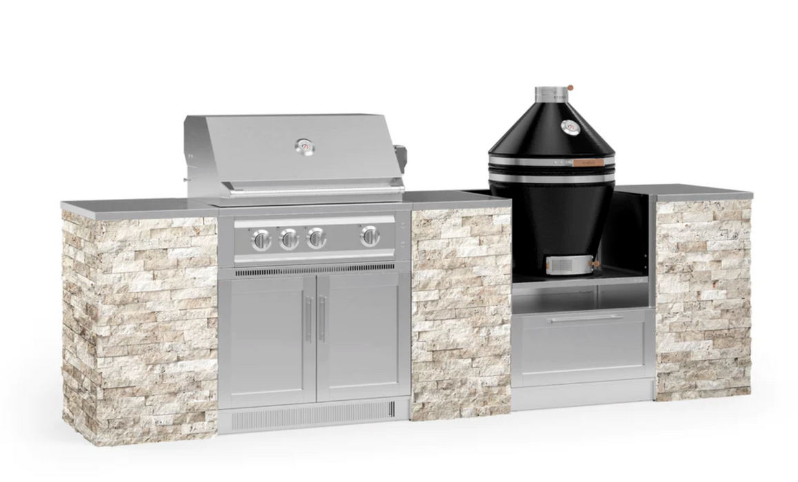 Outdoor Kitchen Signature Series 9 Piece Cabinet Set With Kamado & 33'' Grill BBQ GRILL New Age Outdoor Kitchen Signature Series 9 Piece Cabinet Set With Kamado - Ivory Travertine Outdoor Kitchen Signature Series 9 Piece Cabinet Set With Kamado - LPG 