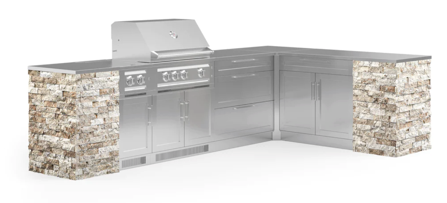 Outdoor Kitchen Signature Series 11 Piece L Shape Cabinet Set with Side Burner & 33'' Grill BBQ GRILL New Age Outdoor Kitchen Signature Series 11 Piece L Shape Cabinet Set with Side Burner- Ivory Travertine Outdoor Kitchen Signature Series 11 Piece L Shape Cabinet Set with Side Burner - LPG 