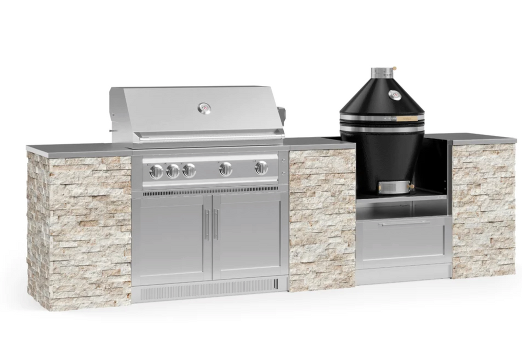 Outdoor Kitchen Signature Series 9 Piece Cabinet Set With Kamado & 40'' Grill BBQ GRILL New Age Outdoor Kitchen Signature Series 9 Piece Cabinet Set With Kamado - Ivory Travertine Outdoor Kitchen Signature Series 9 Piece Cabinet Set With Kamado - LPG 