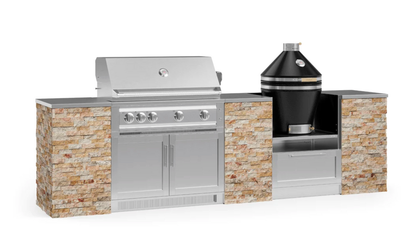 Outdoor Kitchen Signature Series 9 Piece Cabinet Set With Kamado & 40'' Grill BBQ GRILL New Age Outdoor Kitchen Signature Series 9 Piece Cabinet Set With Kamado- Scabos Travertine Outdoor Kitchen Signature Series 9 Piece Cabinet Set With Kamado - LPG 