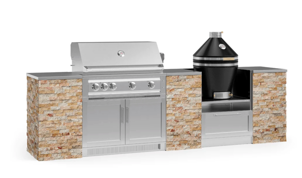 Outdoor Kitchen Signature Series 9 Piece Cabinet Set With Kamado & 40'' Grill BBQ GRILL New Age Outdoor Kitchen Signature Series 9 Piece Cabinet Set With Kamado- Scabos Travertine Outdoor Kitchen Signature Series 9 Piece Cabinet Set With Kamado - LPG 