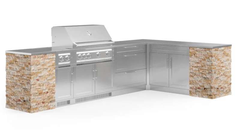 Outdoor Kitchen Signature Series 11 Piece L Shape Cabinet Set with Side Burner & 40'' Grill BBQ GRILL New Age Outdoor Kitchen Signature Series 11 Piece L Shape Cabinet Set with Side Burner - Scabos Travertine Outdoor Kitchen Signature Series 11 Piece L Shape Cabinet Set with Side Burner - LPG 