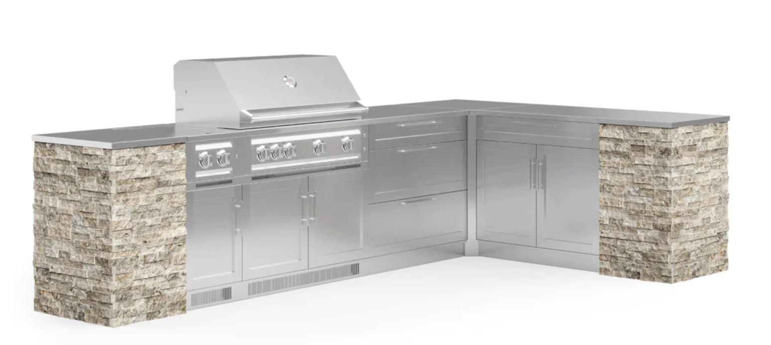 Outdoor Kitchen Signature Series 11 Piece L Shape Cabinet Set with Side Burner & 40'' Grill BBQ GRILL New Age Outdoor Kitchen Signature Series 11 Piece L Shape Cabinet Set with Side Burner - Silver Travertine Outdoor Kitchen Signature Series 11 Piece L Shape Cabinet Set with Side Burner - LPG 