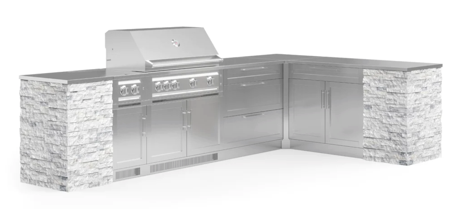 Outdoor Kitchen Signature Series 11 Piece L Shape Cabinet Set with Side Burner & 40'' Grill BBQ GRILL New Age Outdoor Kitchen Signature Series 11 Piece L Shape Cabinet Set with Side Burner - White Crystal Marble Outdoor Kitchen Signature Series 11 Piece L Shape Cabinet Set with Side Burner - LPG 