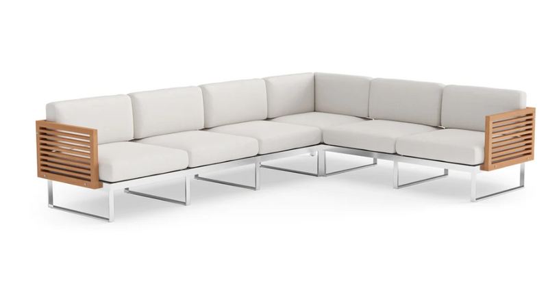 Monterey 6 Seater Sectional Outdoor Sofas New Age Canvas Natural Stainless Steel Teak 