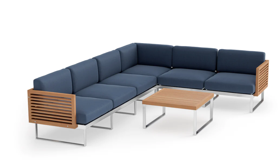 Monterey 6 Seater Sectional with Coffee Table Outdoor Sofas New Age Spectrum Indigo Stainless Steel Teak 