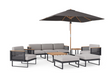 Monterey 8 Piece Chat Set with wide Sofa and Umbrella Outdoor Sofas New Age Cast Silver Stainless Steel Teak 