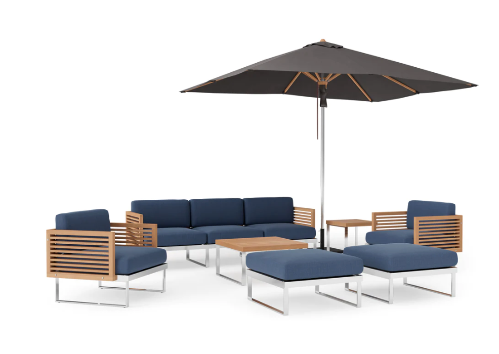 Monterey 8 Piece Chat Set with wide Sofa and Umbrella Outdoor Sofas New Age Spectrum Indigo Stainless Steel Teak 