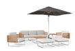 Monterey 8 Piece Chat Set with wide Sofa and Umbrella Outdoor Sofas New Age Canvas Natural Stainless Steel Teak 