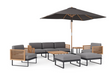 Monterey 8 Piece Chat Set with wide Sofa and Umbrella Outdoor Sofas New Age Cast Slate Aluminum Teak 