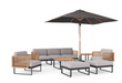 Monterey 8 Piece Chat Set with wide Sofa and Umbrella Outdoor Sofas New Age Cast Silver Aluminum Teak 