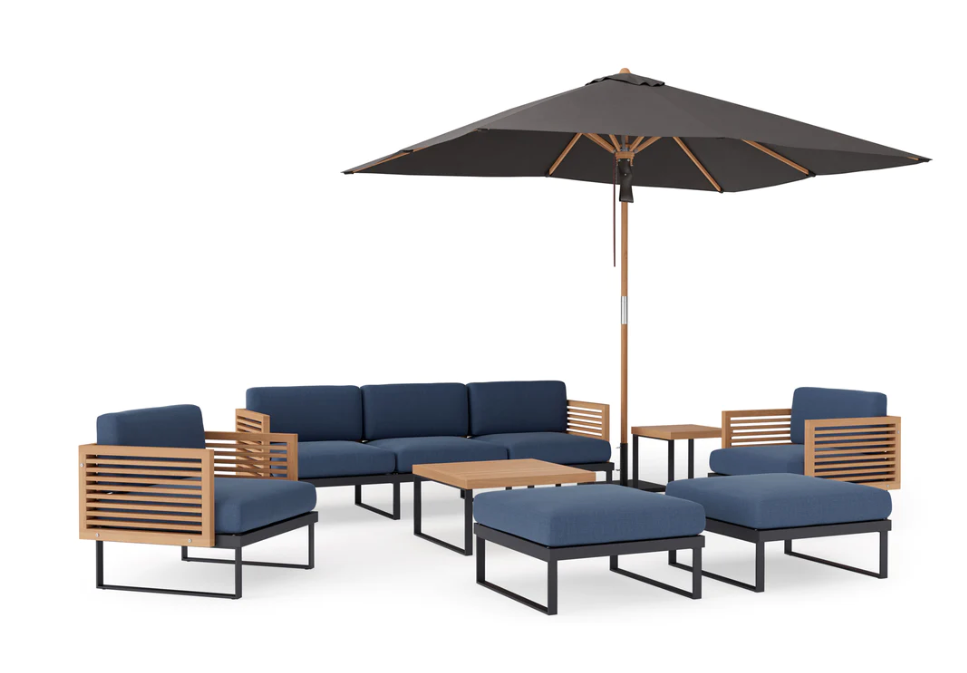 Monterey 8 Piece Chat Set with wide Sofa and Umbrella Outdoor Sofas New Age Spectrum Indigo Aluminum Teak 