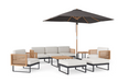 Monterey 8 Piece Chat Set with wide Sofa and Umbrella Outdoor Sofas New Age Canvas Natural Aluminum Teak 
