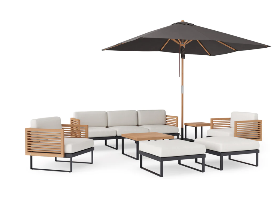 Monterey 8 Piece Chat Set with wide Sofa and Umbrella Outdoor Sofas New Age Canvas Natural Aluminum Teak 