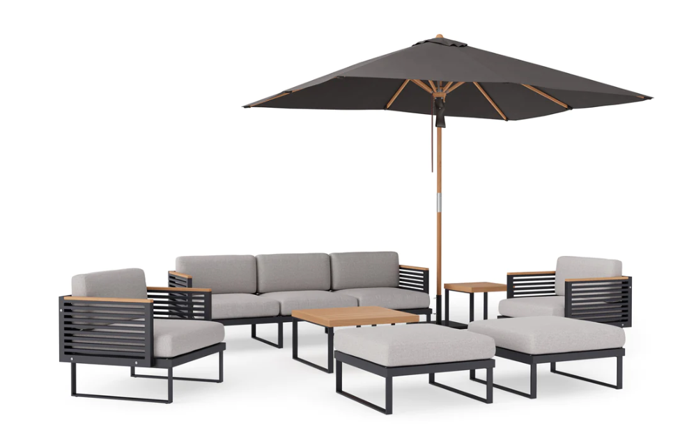 Monterey 8 Piece Chat Set with wide Sofa and Umbrella Outdoor Sofas New Age Cast Silver Aluminum 