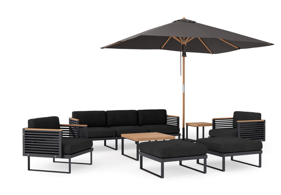Monterey 8 Piece Chat Set with wide Sofa and Umbrella Outdoor Sofas New Age Loft Charcoal Aluminum 